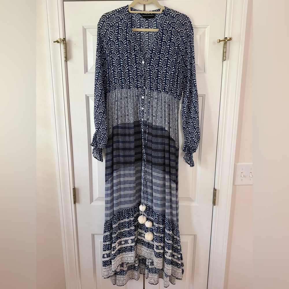 HEMANT & NANDITA Navy and White Long Sleeve Dress